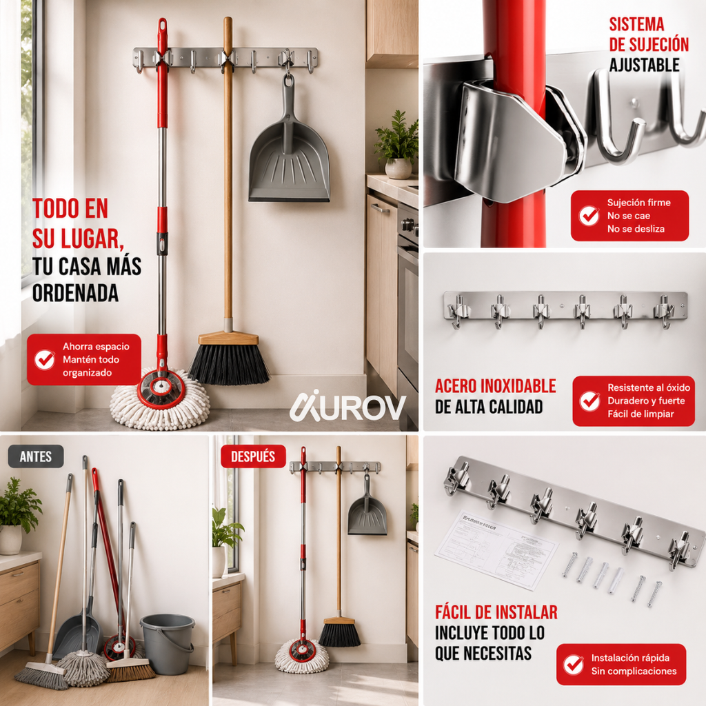 Soporte Organizador de Pared para Escoba y Trapeador — Acero Inoxidable
