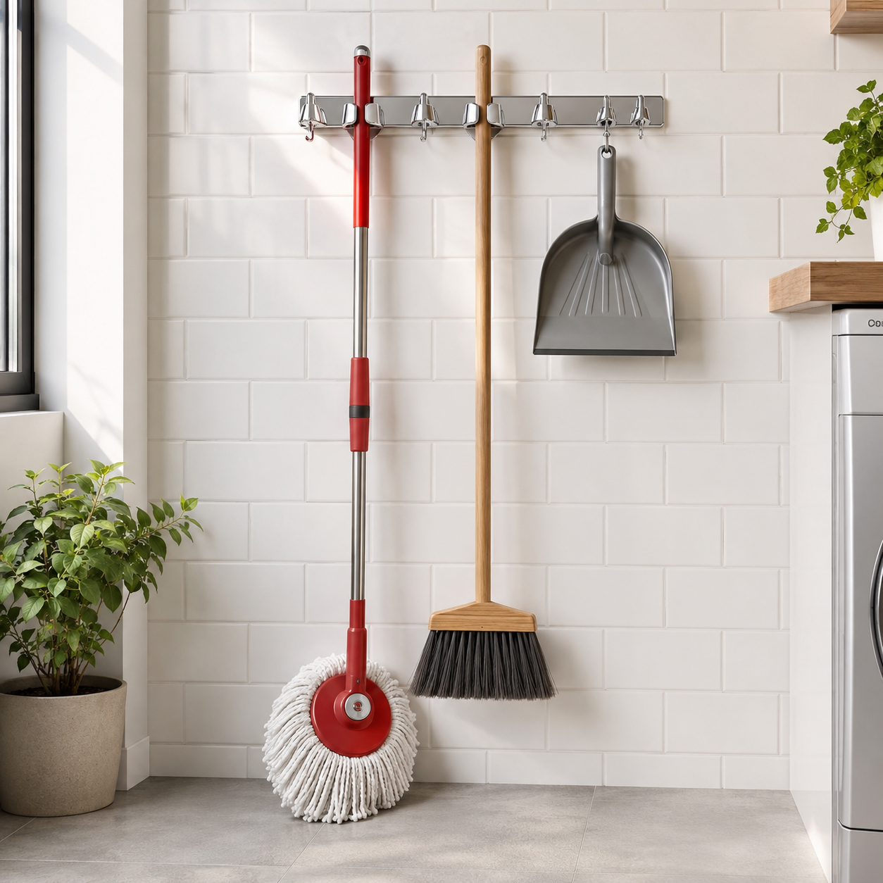 Soporte Organizador de Pared para Escoba y Trapeador — Acero Inoxidable