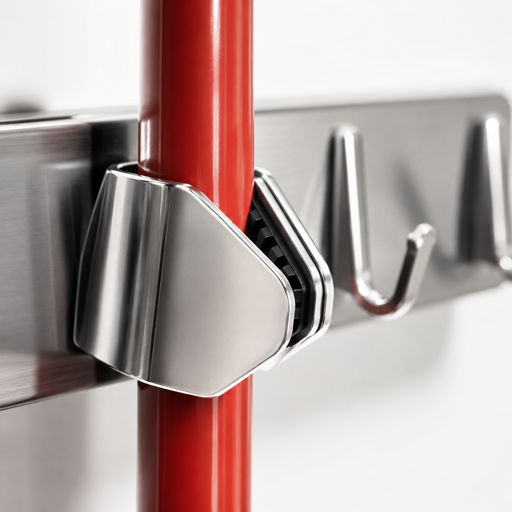 Soporte Organizador de Pared para Escoba y Trapeador — Acero Inoxidable