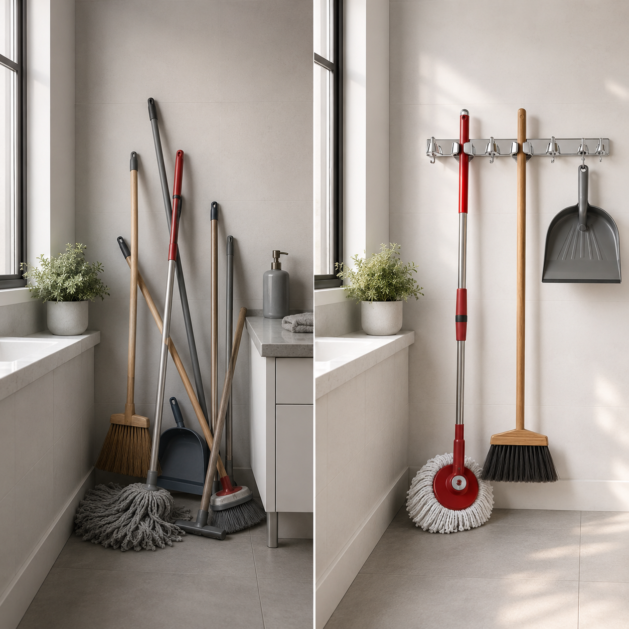 Soporte Organizador de Pared para Escoba y Trapeador — Acero Inoxidable